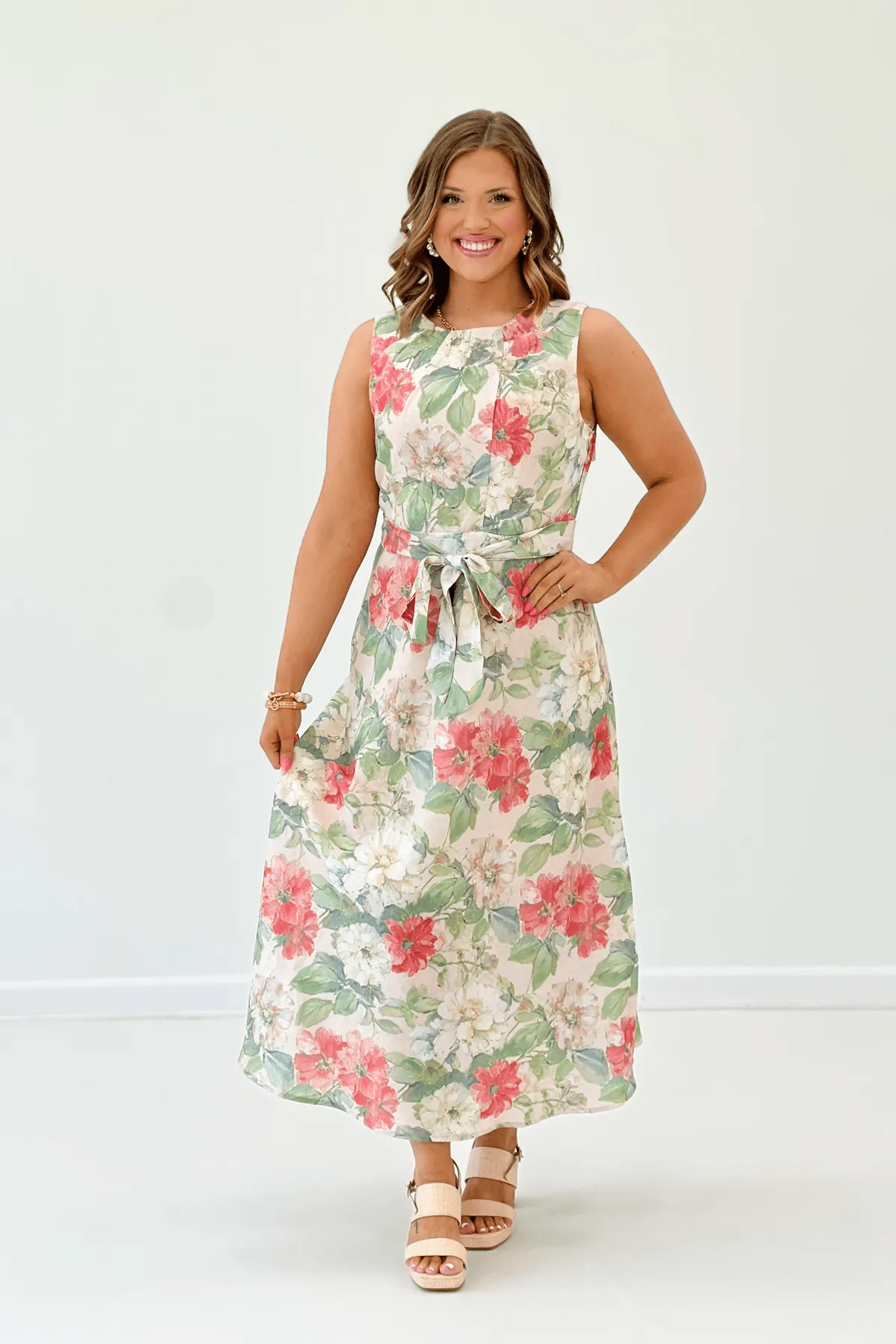 Cream floral print sleeveless midi dress