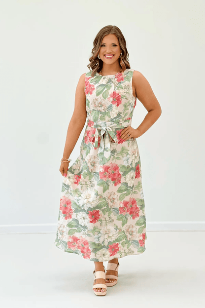 Cream floral print sleeveless midi dress