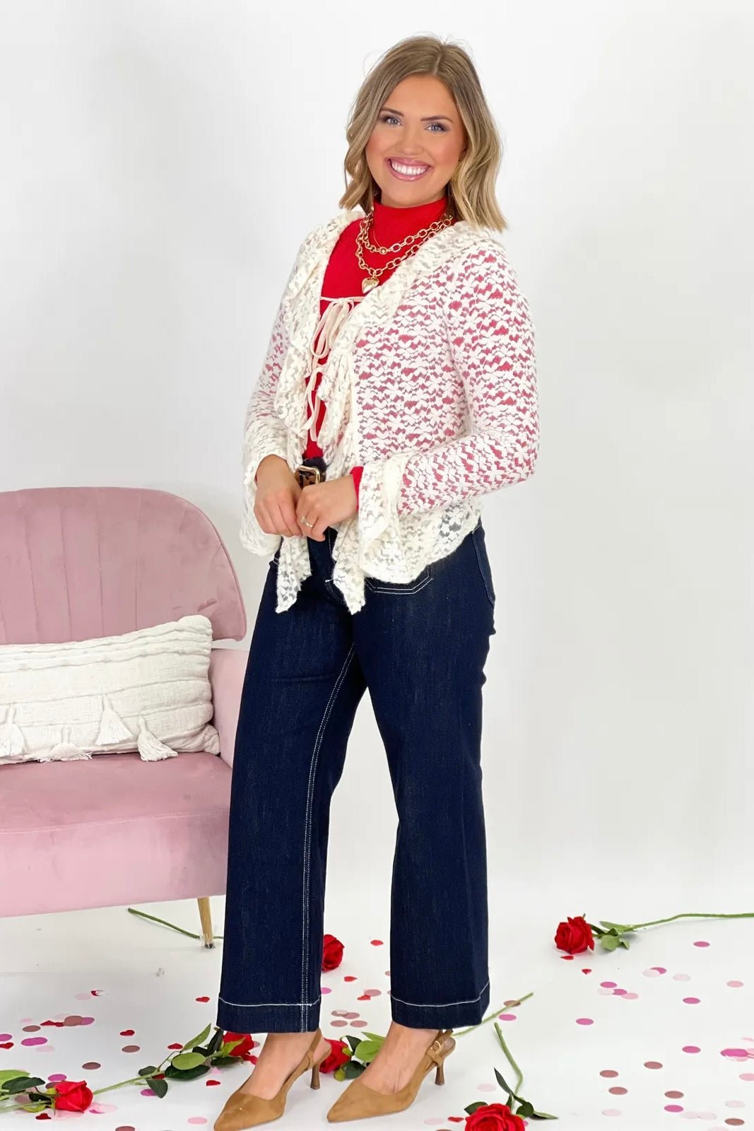 Cream open front cardigan with lace panels