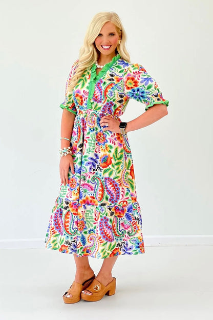 Cream floral print midi dress in lightweight cotton