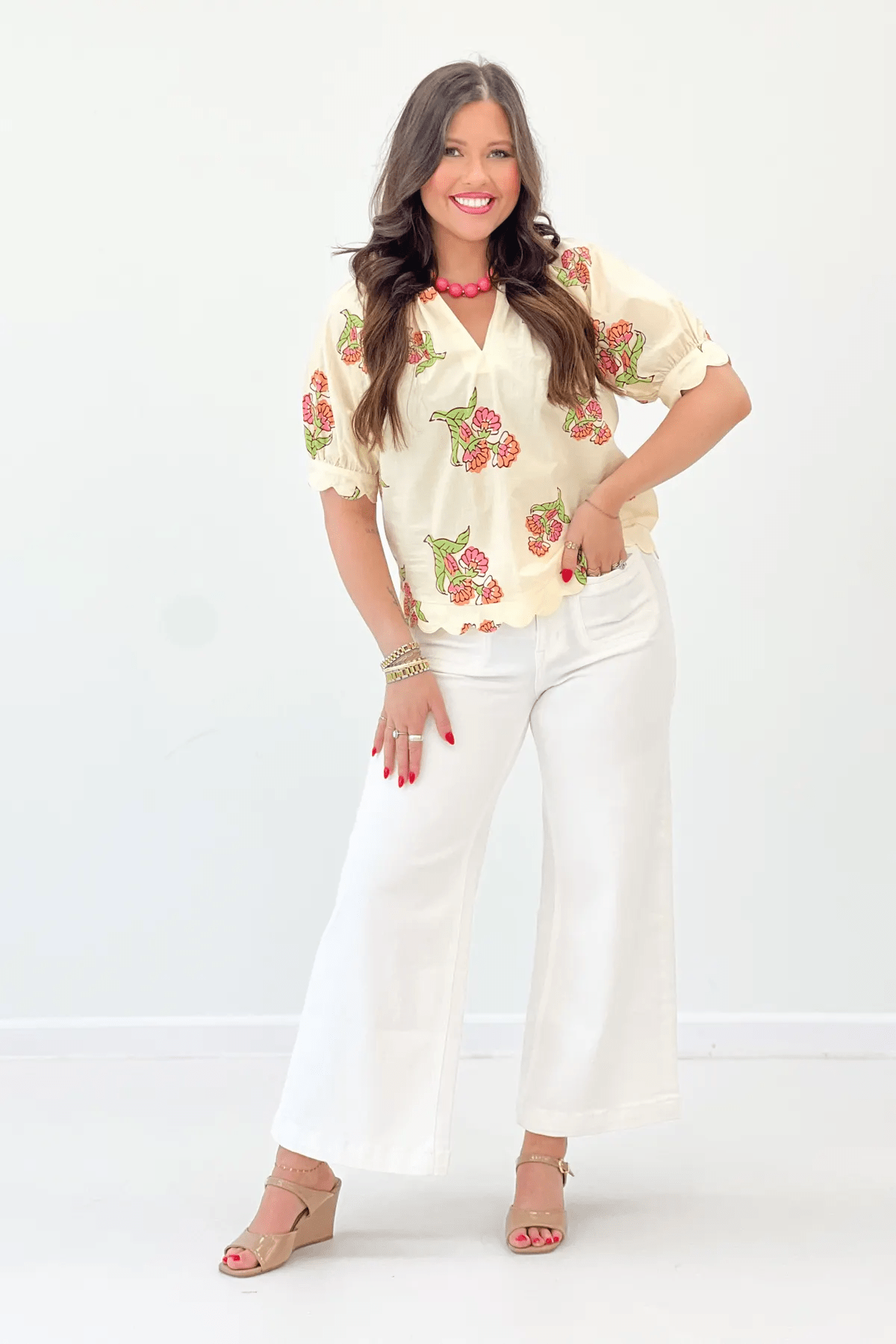 Cream Mix Scalloped Hem Floral Mix Top - Lavish BoutiqueTops
