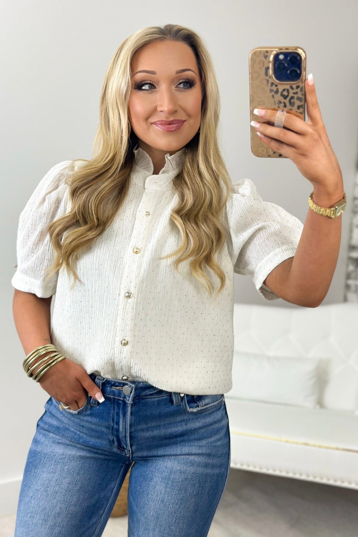Cream Stud Embellished Puff Sleeve Top - Lavish BoutiqueTops