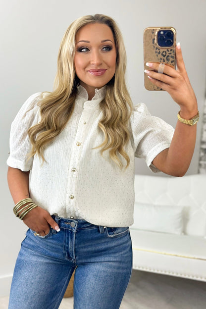 Cream Stud Embellished Puff Sleeve Top - Lavish BoutiqueTops