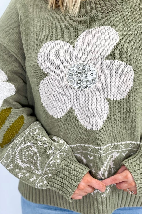 Olive Chenille Flower Sweater Top