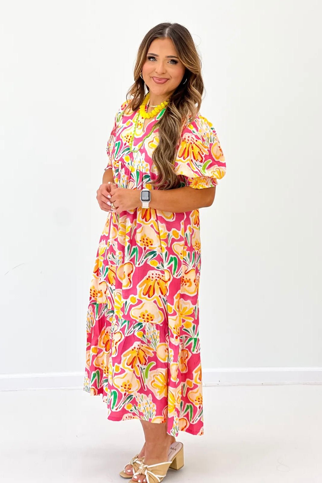D1049 Pink Mix Floral Lace Trim Midi Dress - Lavish Boutique190 Dresses - Rompers - Jumpsuits