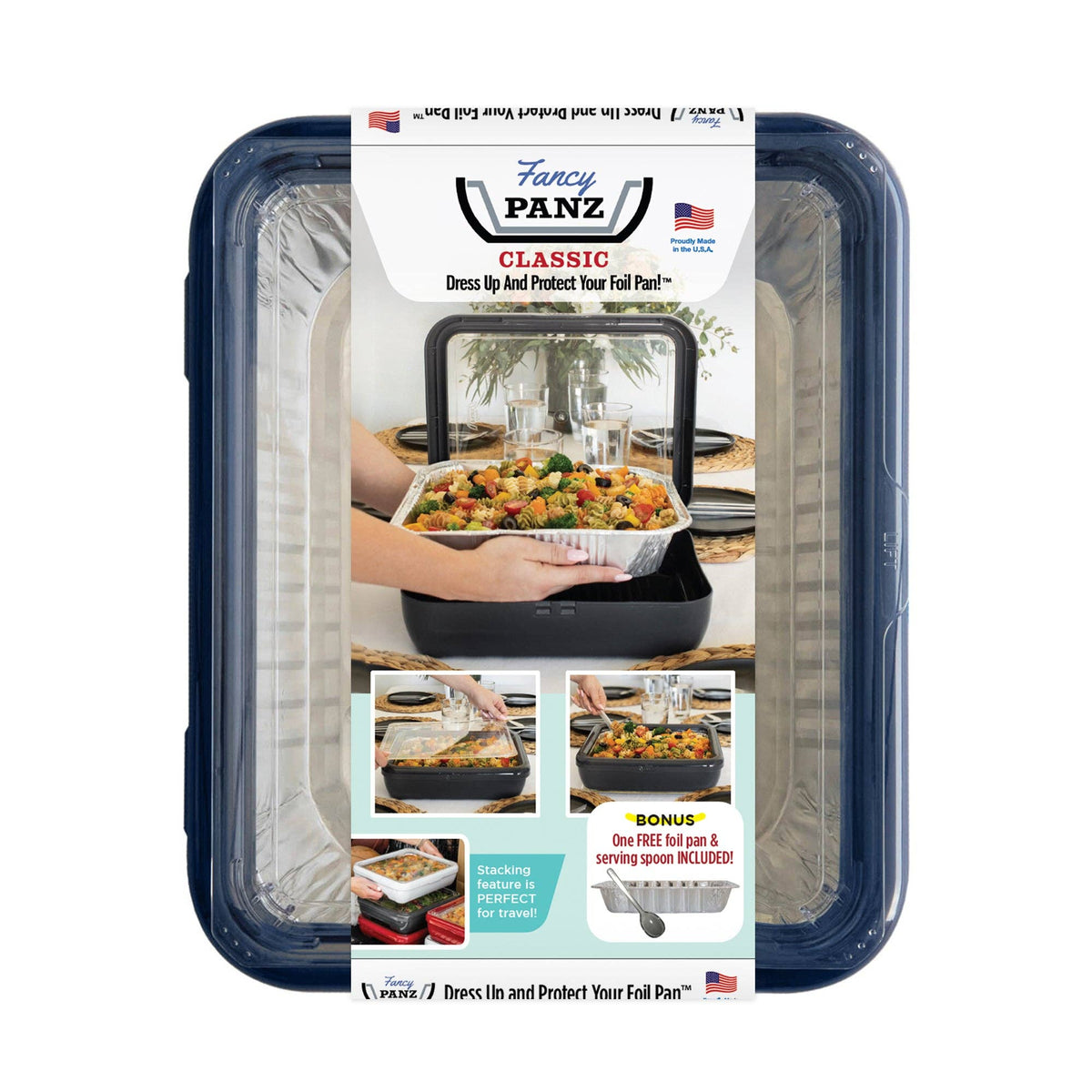 Packaged navy foil pan carrier with clear foil insert shown through a window