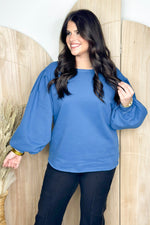 Vintage Navy Bubble Sleeve Round Neck Top