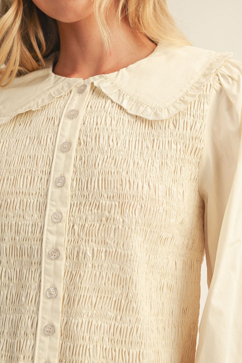 Jodifl Smocked Peter Pan Collar Peplum Top in Cream, smocking detail