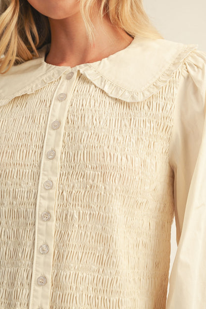Jodifl Smocked Peter Pan Collar Peplum Top in Cream, smocking detail