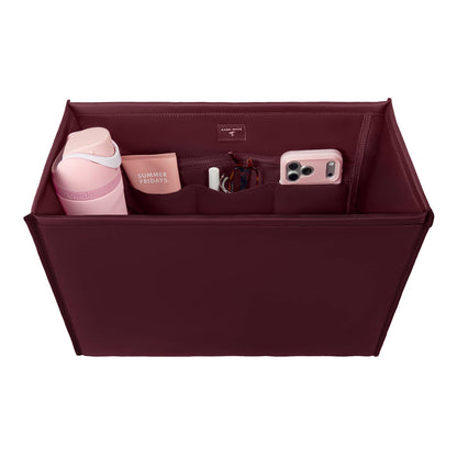 Burgundy tote organizer insert with multiple compartments and side dividers for small items