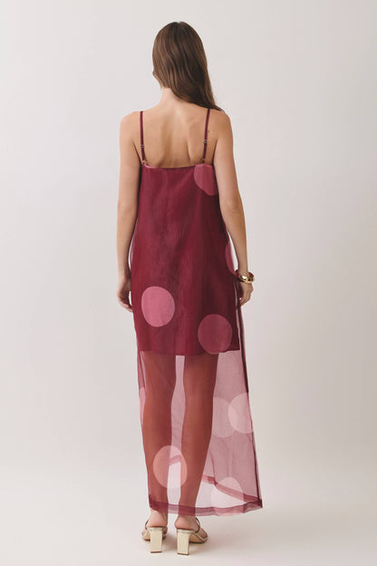 Pretty Follies Polka Dot Sheer Overlay Maxi Dress in Burgundy
