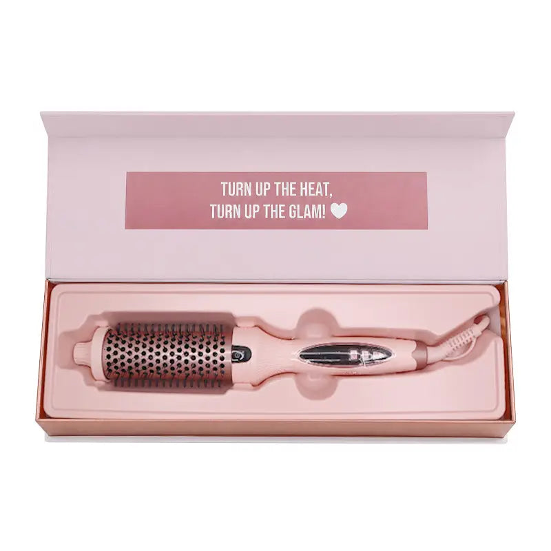 Beauty Creations pink thermal brush with rose gold barrel and bristles in open presentation box