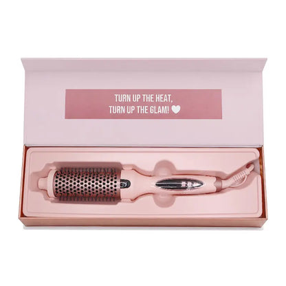 Beauty Creations pink thermal brush with rose gold barrel and bristles in open presentation box