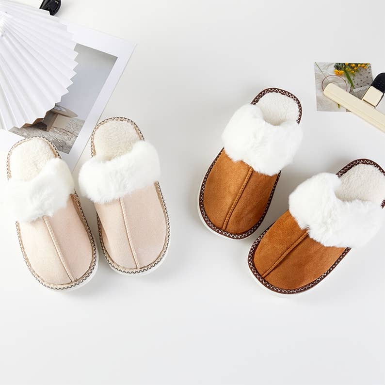 Pair of camel and pair of beige faux fur lined slippers