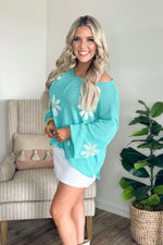 Paradise Mint Balloon Sleeve Floral Sweater