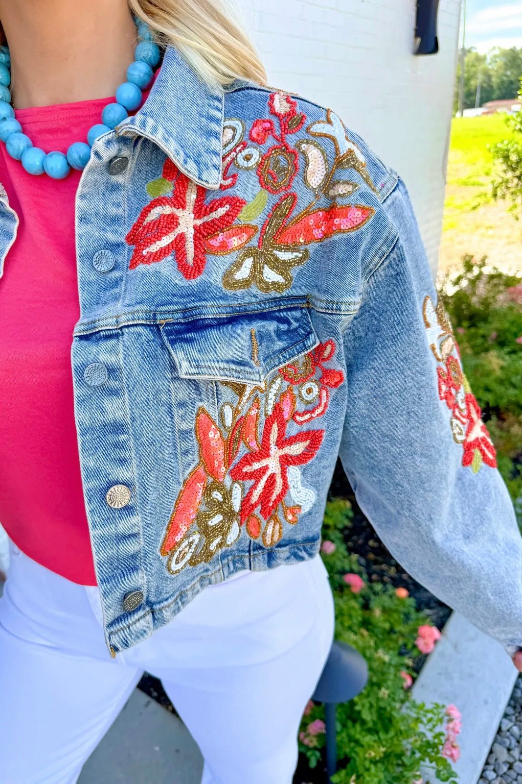 Denim Lux Embroidered Bead Jacket - Lavish BoutiqueTops