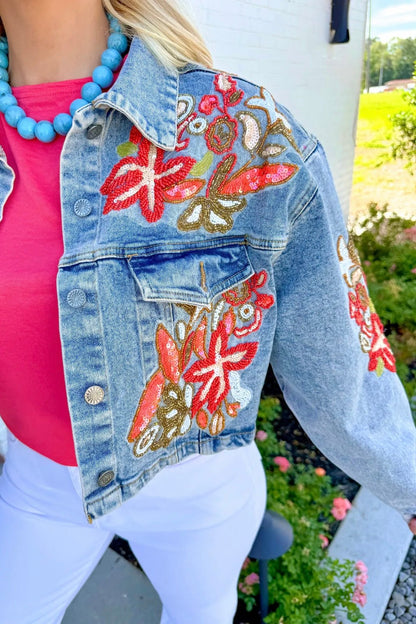 Denim Lux Embroidered Bead Jacket - Lavish BoutiqueTops