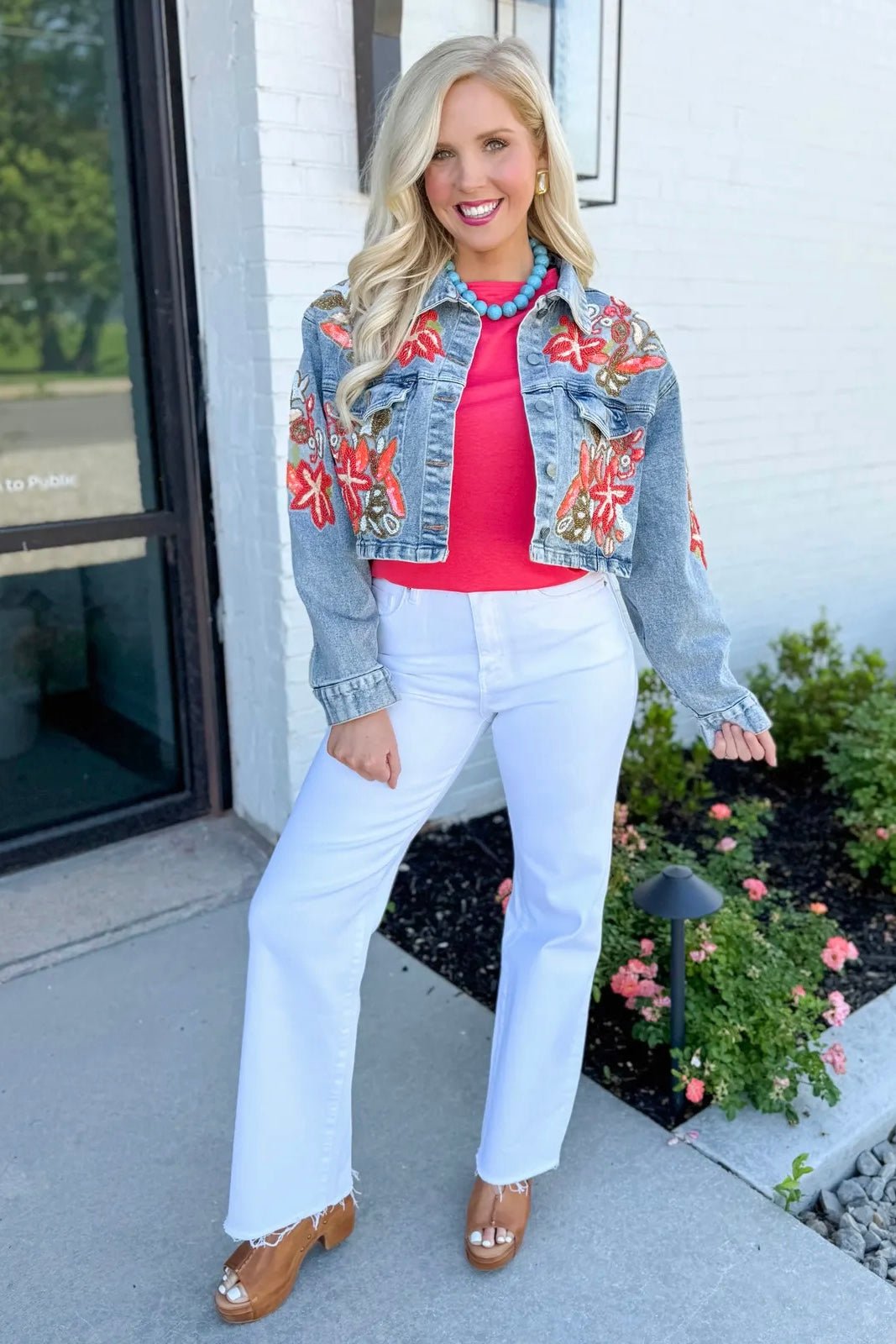 Denim Lux Embroidered Bead Jacket - Lavish BoutiqueTops