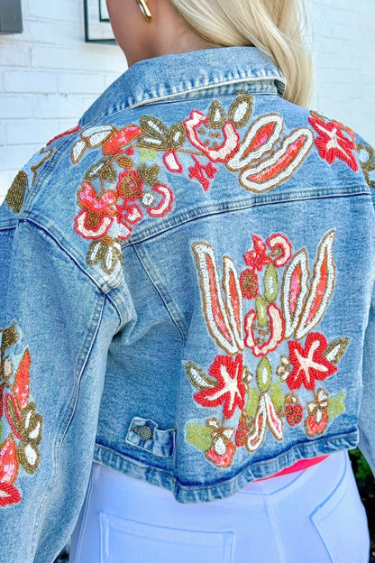 Denim Lux Embroidered Bead Jacket - Lavish BoutiqueTops