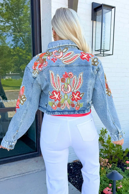 Denim Lux Embroidered Bead Jacket - Lavish BoutiqueTops