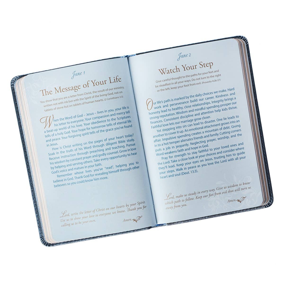 Blue devotional book for married couples with a faux leather cover