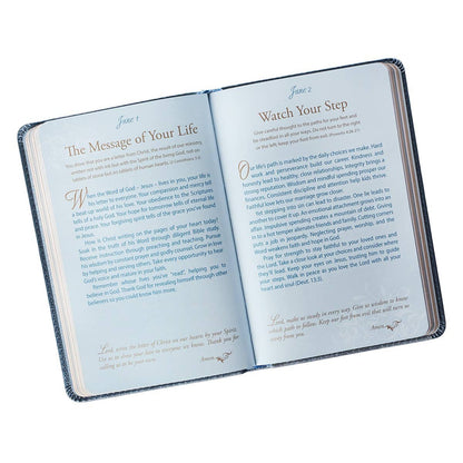 Blue devotional book for married couples with a faux leather cover