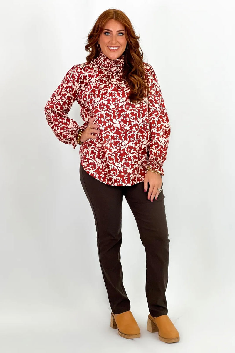 Rust Floral Print Mock Neck Long Sleeve Top