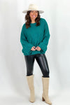 Teal Green Cable Knit Bell Sleeve Sweater