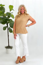 Beige Sleeveless Solid Ribbed Top