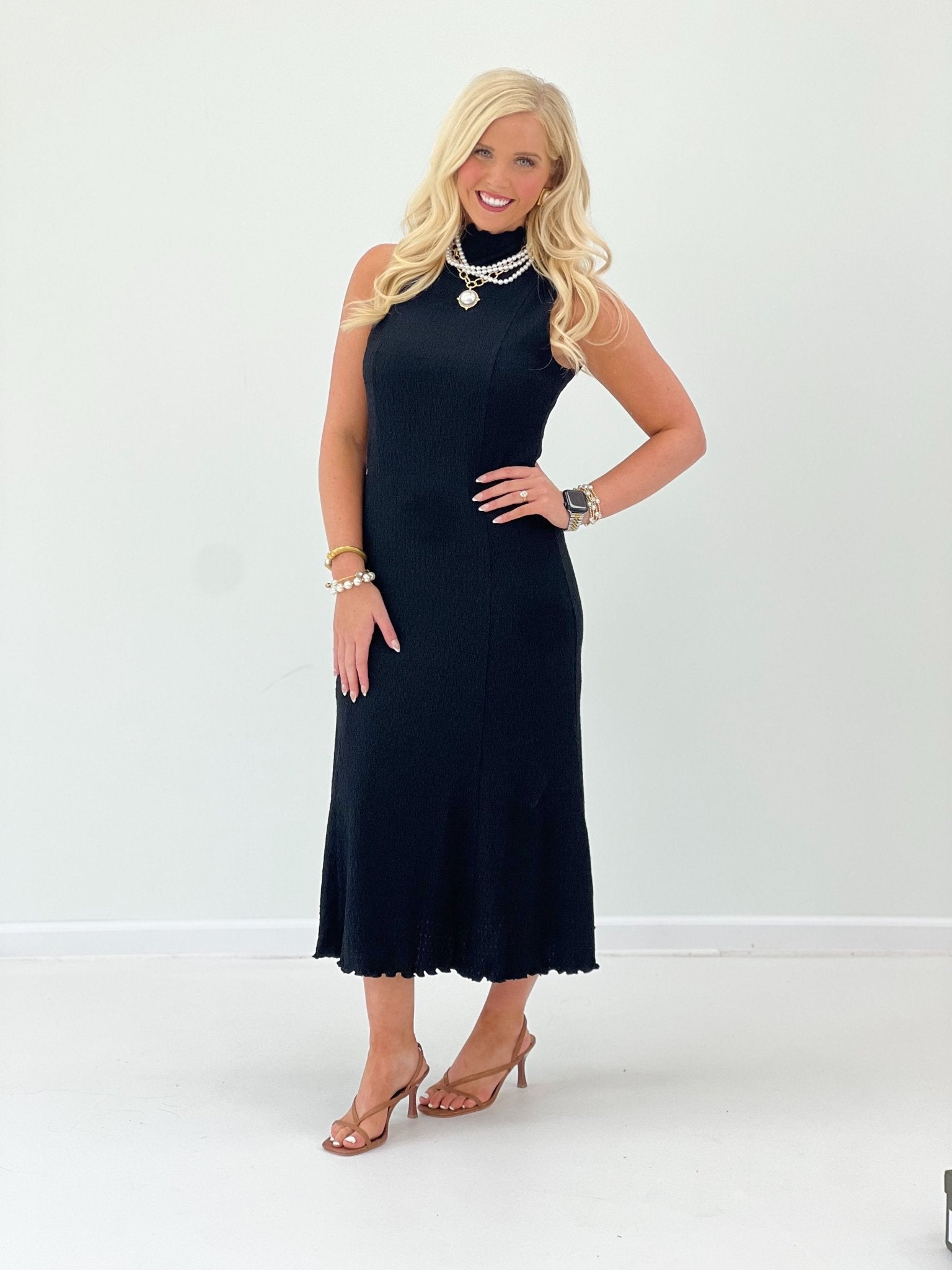 Doe and Rae Smocked Crinkle Mock Neck Dress - Lavish Boutique04-DRESSES