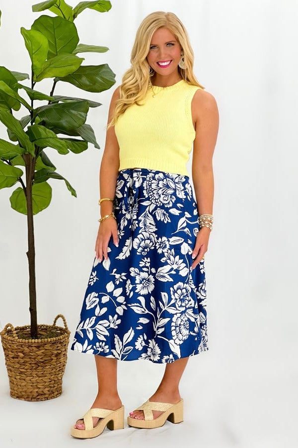 Teal Floral Print Tie Waist Midi Skirt