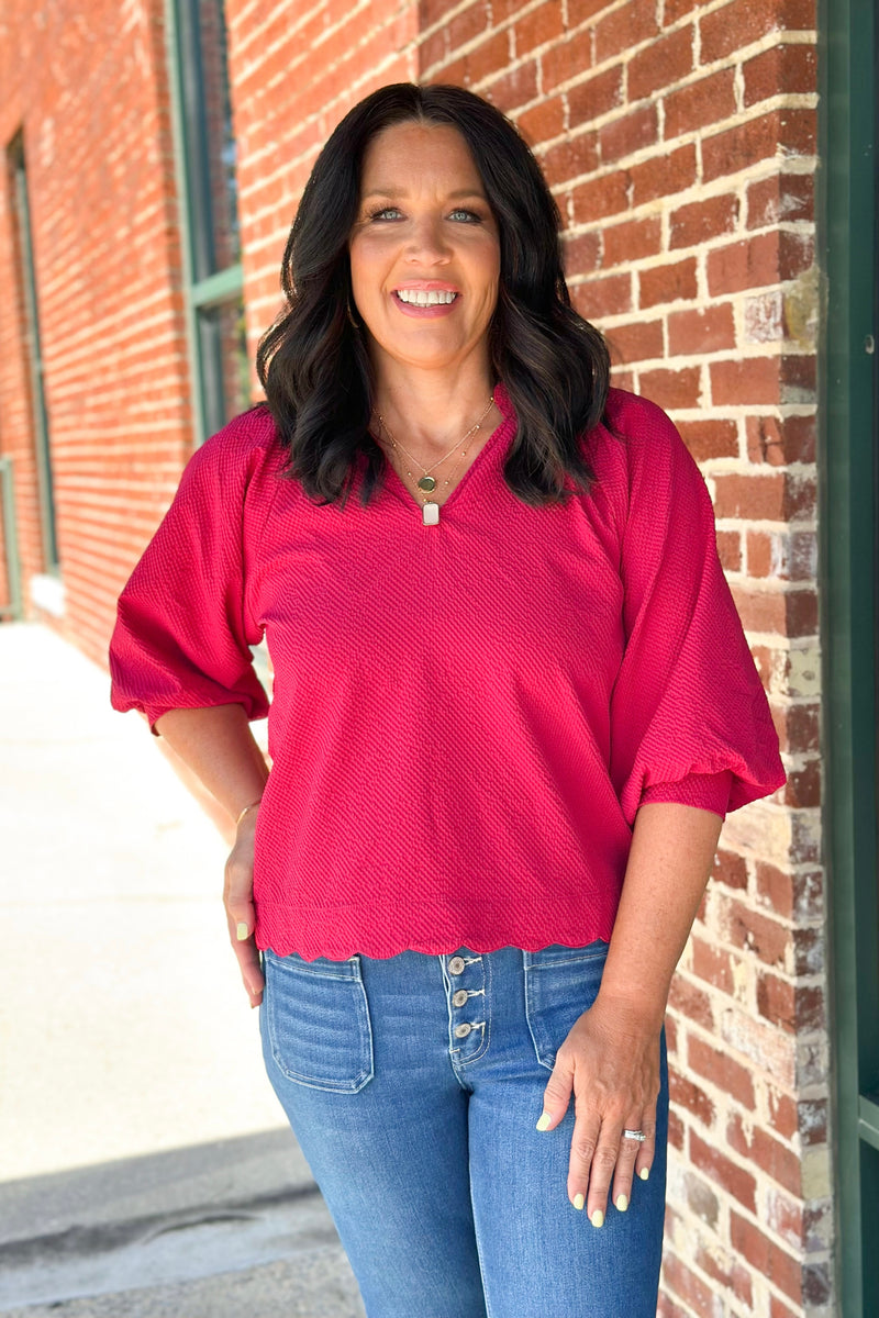 Crimson Scalloped V-Neck Top