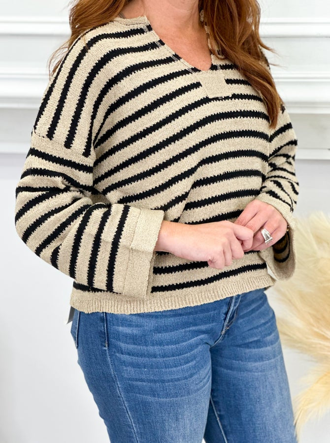 Taupe Stripe Split Neck Long Sleeve Sweater