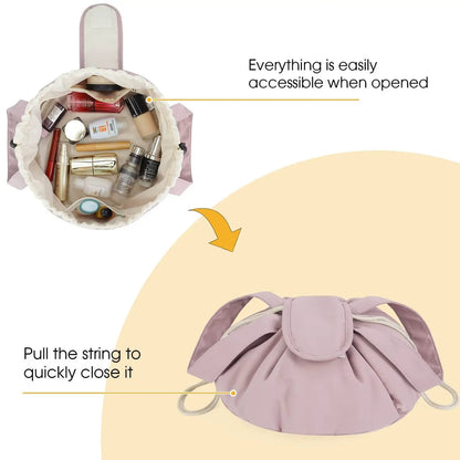Dusty rose makeup bag shown open and filled, then cinched closed with its drawstring