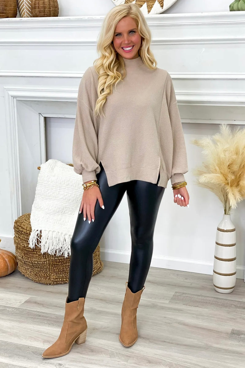 Taupe Mock Neck Cuff Long Sleeve Top