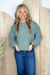 Olive Ribbed Puff Sleeve Knit Top