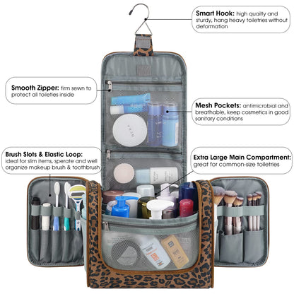 Open leopard-print toiletry organizer with a hook, mesh pockets, brush slots, and elastic loops.