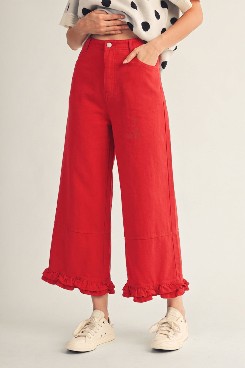 Jodifl Ruffle Hem Wide Leg Pants in Red