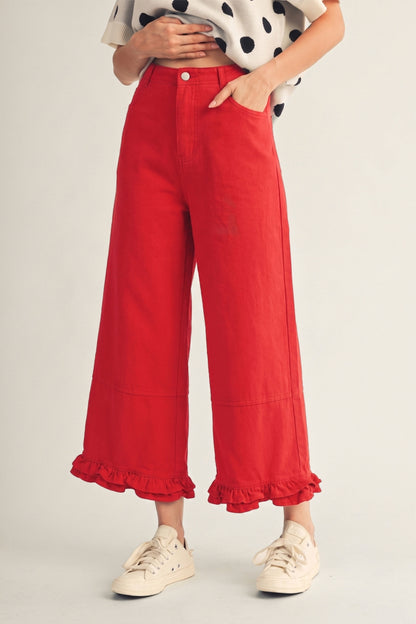 Jodifl Ruffle Hem Wide Leg Pants in Red