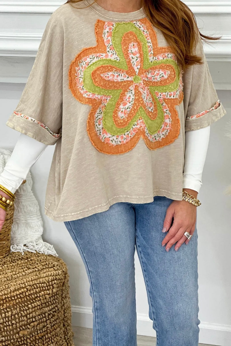 Khaki Short Sleeve Flower Patch Top