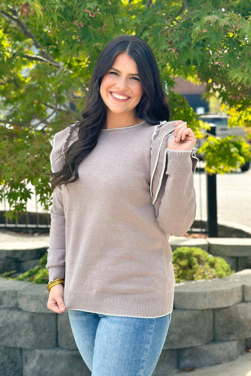 Taupe Contrast Ruffled Edge Long Sleeve Sweater