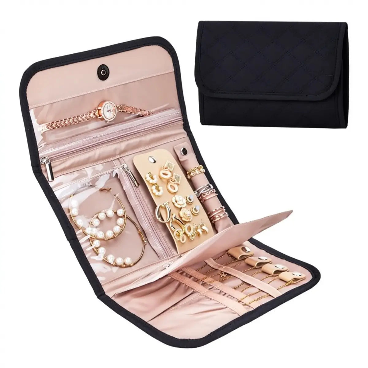 Black-trimmed jewelry organizer roll with compartments, clear pockets and a black folded case