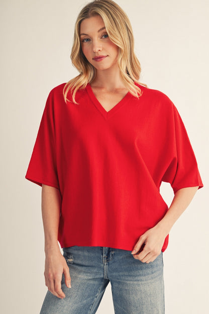 Jodifl Knit V-Neck Short Sleeve Sweater Top in Red, front