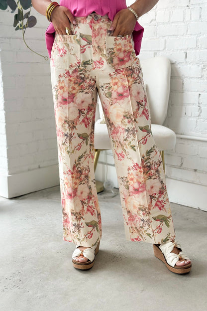 Ecru Floral Print Front Pocket Pants - Lavish Boutique Bottoms