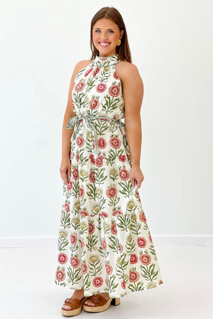 Ecru floral midi dress with a halter neck tie