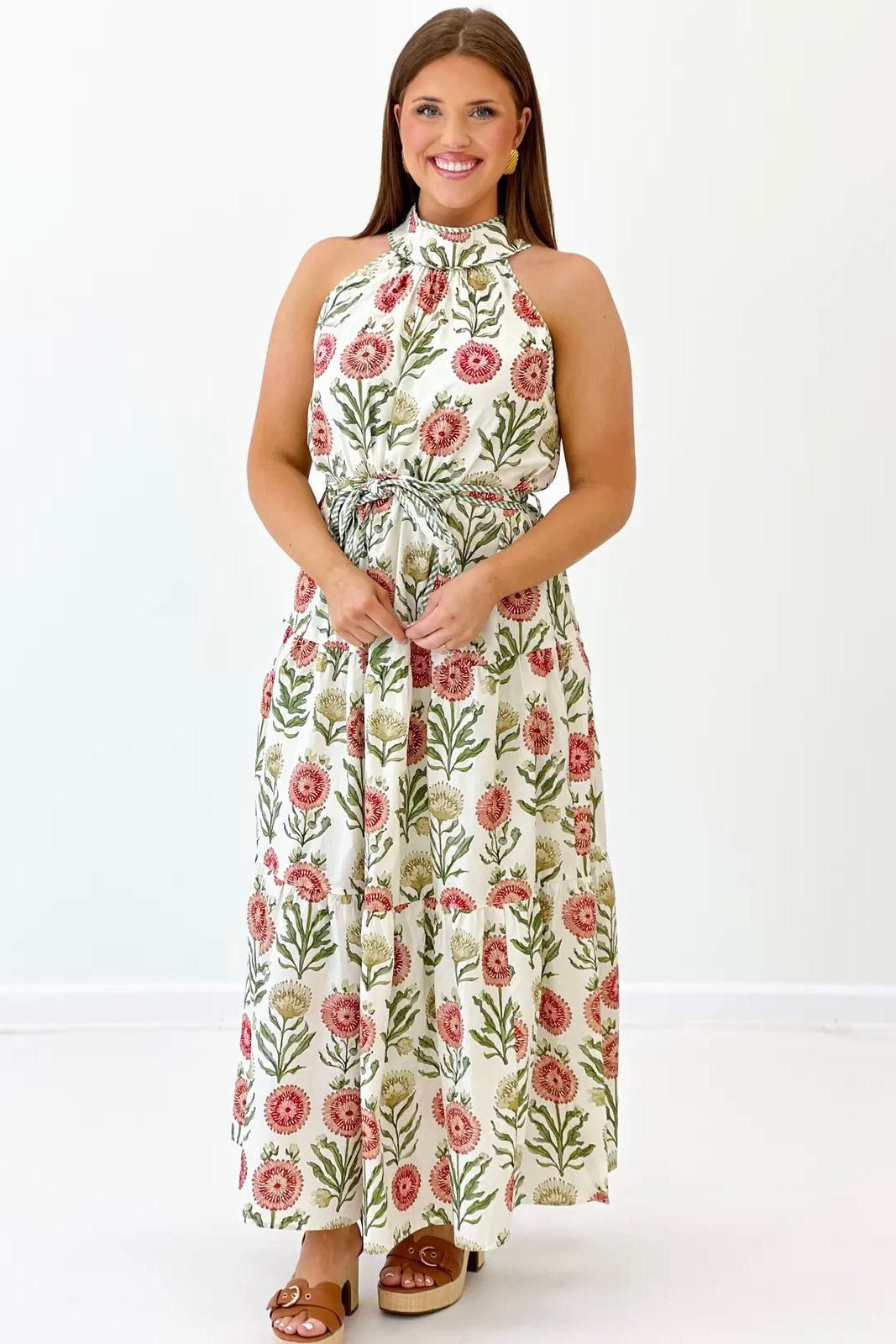 Cotton halter dress in a soft ecru floral print