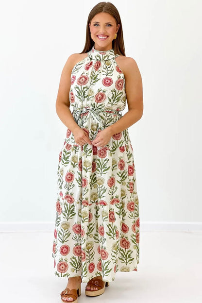 Cotton halter dress in a soft ecru floral print