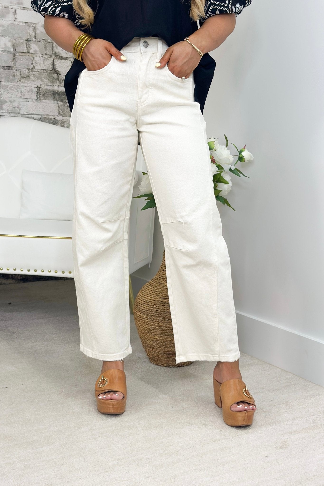 Ecru high rise barrel leg jeans
