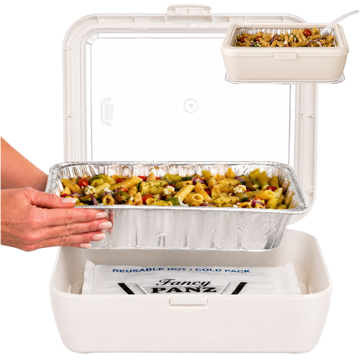 White insulated foil pan carrier with clear foil pan insert and included gel pack