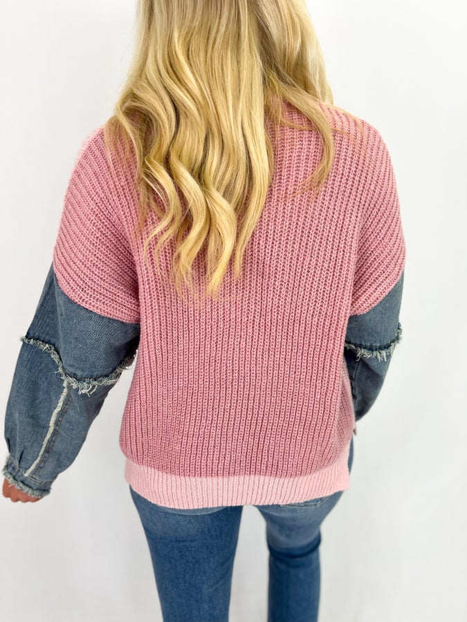 Blush Colorblock Denim Detail Sweater